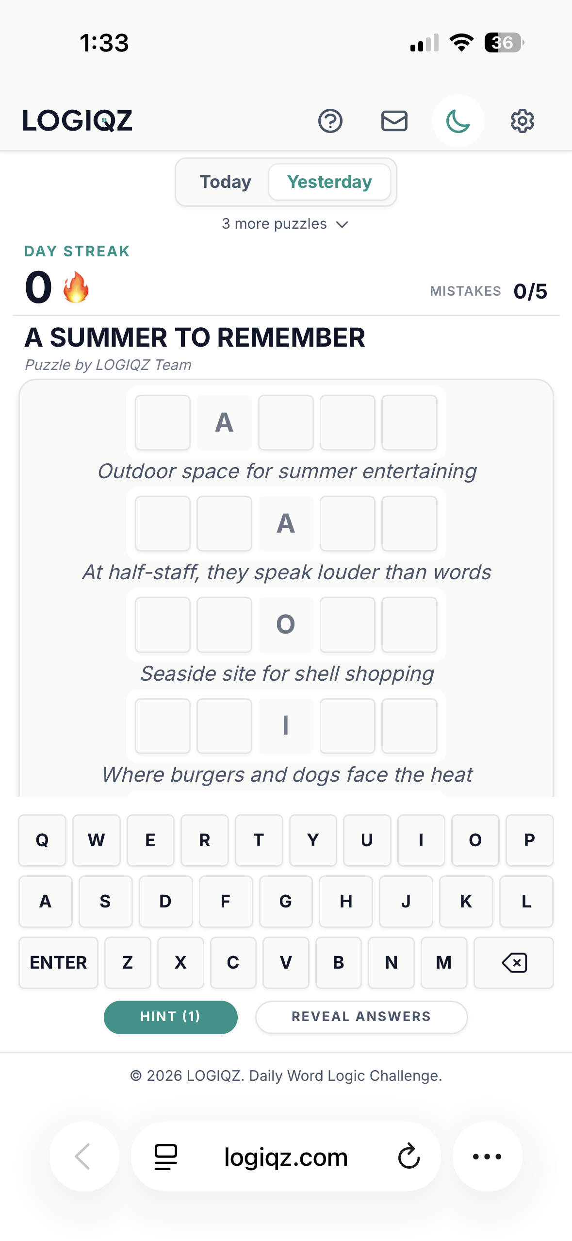 LOGIQZ — a daily word-logic puzzle game built by Mary Steele.